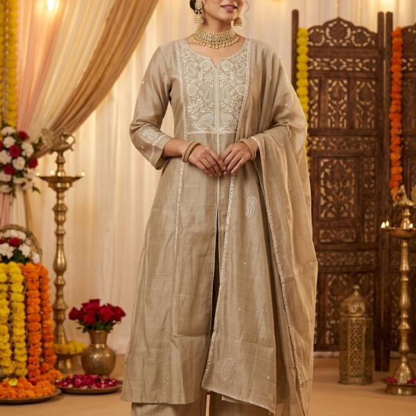 Beige front slit dupatta set